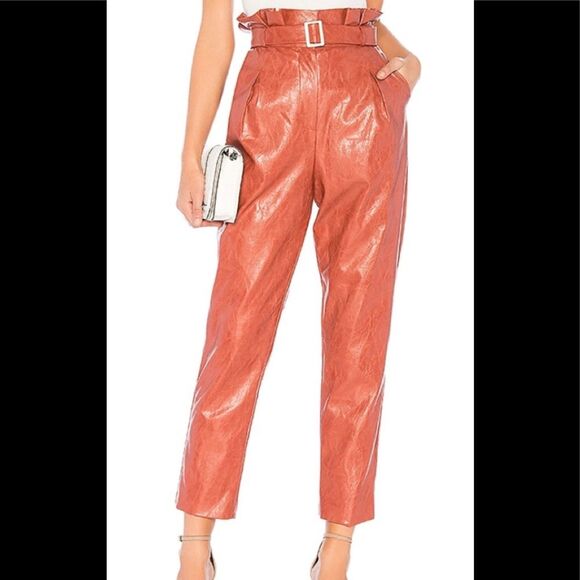 Revolve Majorelle terracotta brown faux leather pants,belt, pleated waist, XS - Picture 1 of 12